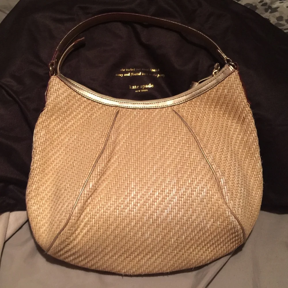 Kate Spade Natural Straw Woven Bag with Brown Leather Trim and Gold Accents